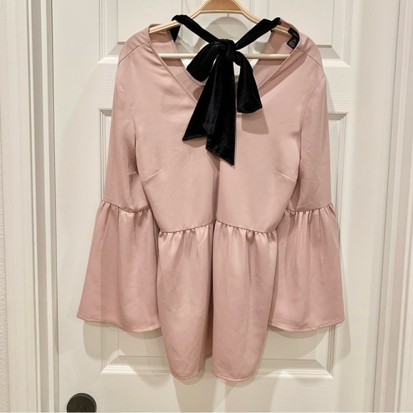 Blush Pink Black Velvet Bow Tie-Back V-Neck Babydoll Bell Long Sleeve Top - Picture 6 of 7